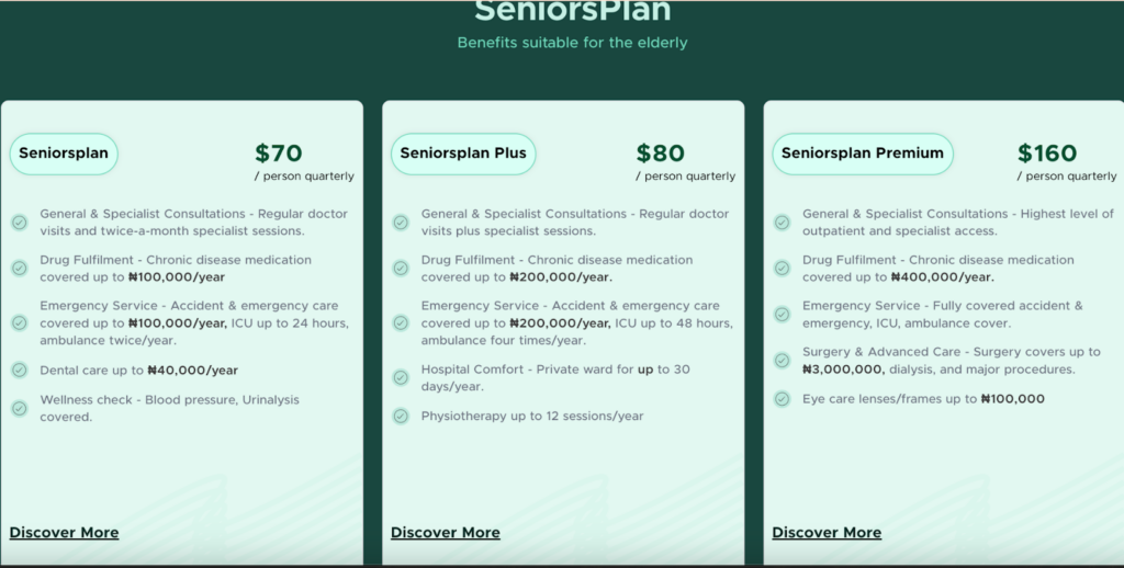 All three SendCare seniors plans for elderly parents in Nigeria at a glance
