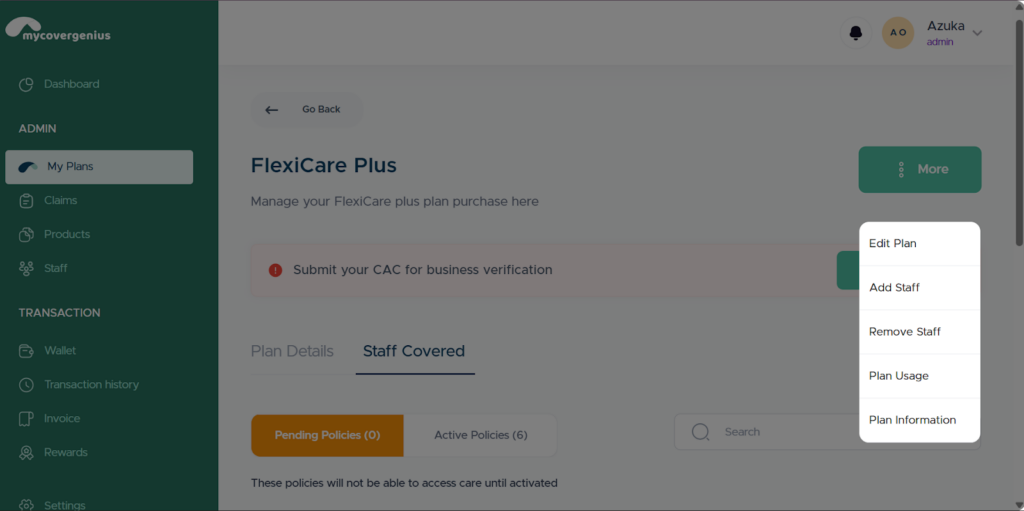 MyCoverGenius business dashboard for employee HMO health insurance plans