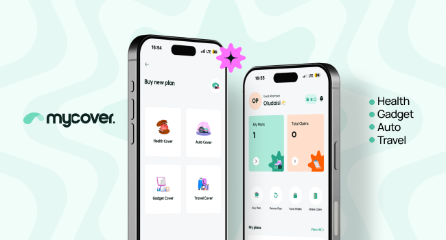 MyCover App interface that shows that you can buy either the health, gadget, auto or travel insurance. 